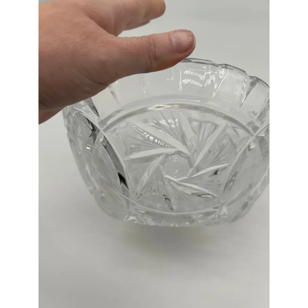 Vintage Cut Glass Crystal Bowl 9” Round Scalloped Edge Starburst Floral